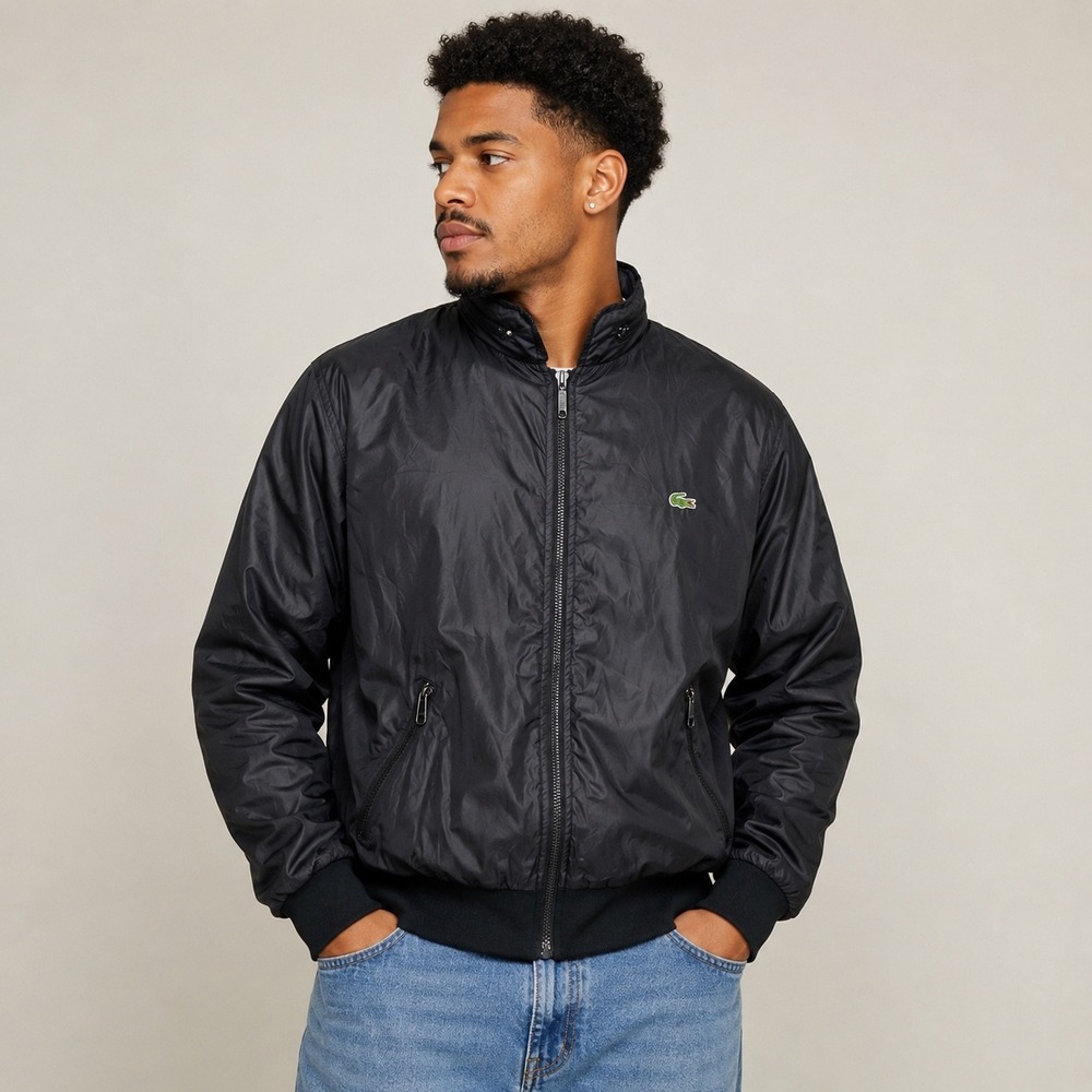 VTG Lacoste Club Windbreaker Bomber Jacket Nylon Mens Medium Black Hood Packable